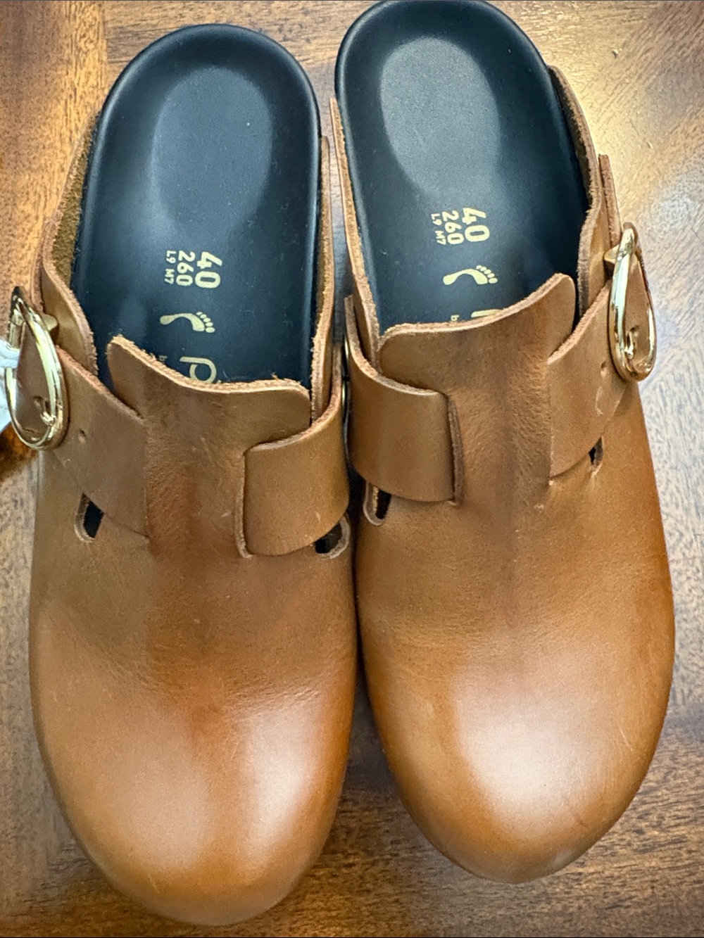 Papillio Chestnut Brown Leather Clogs with Gold Buckles